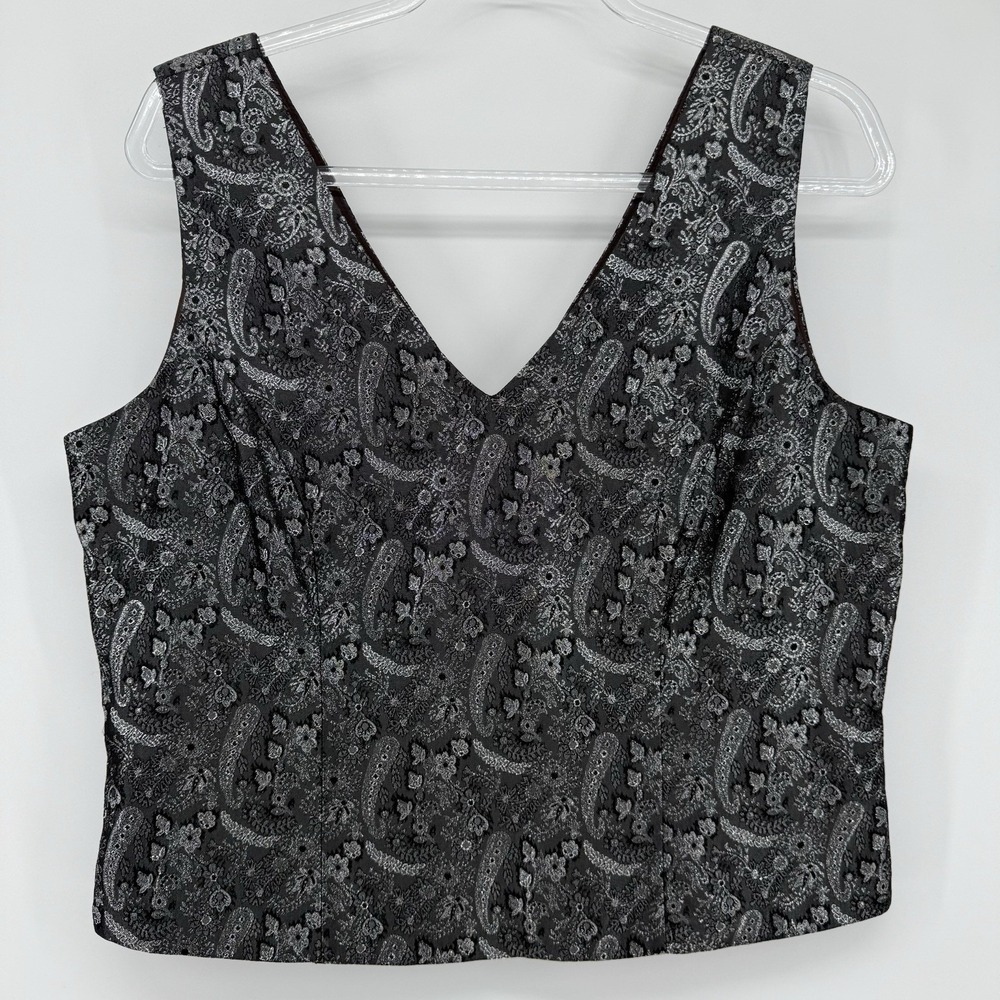 Vintage Caliendo Sleeveless Paisley Metallic Crop Top Silver Black Gothic Dark